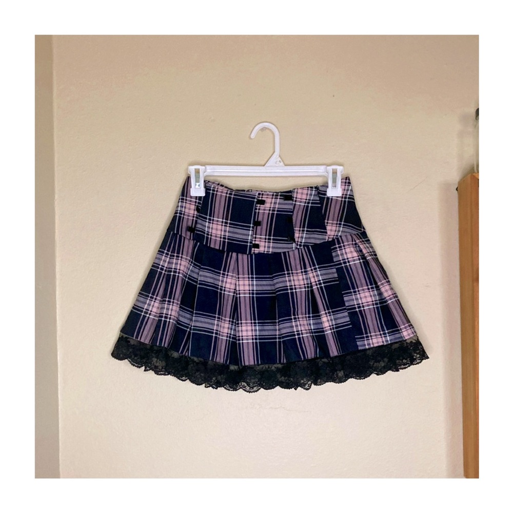 Scene/emo/pastel goth style plaid and lace mini skirt.